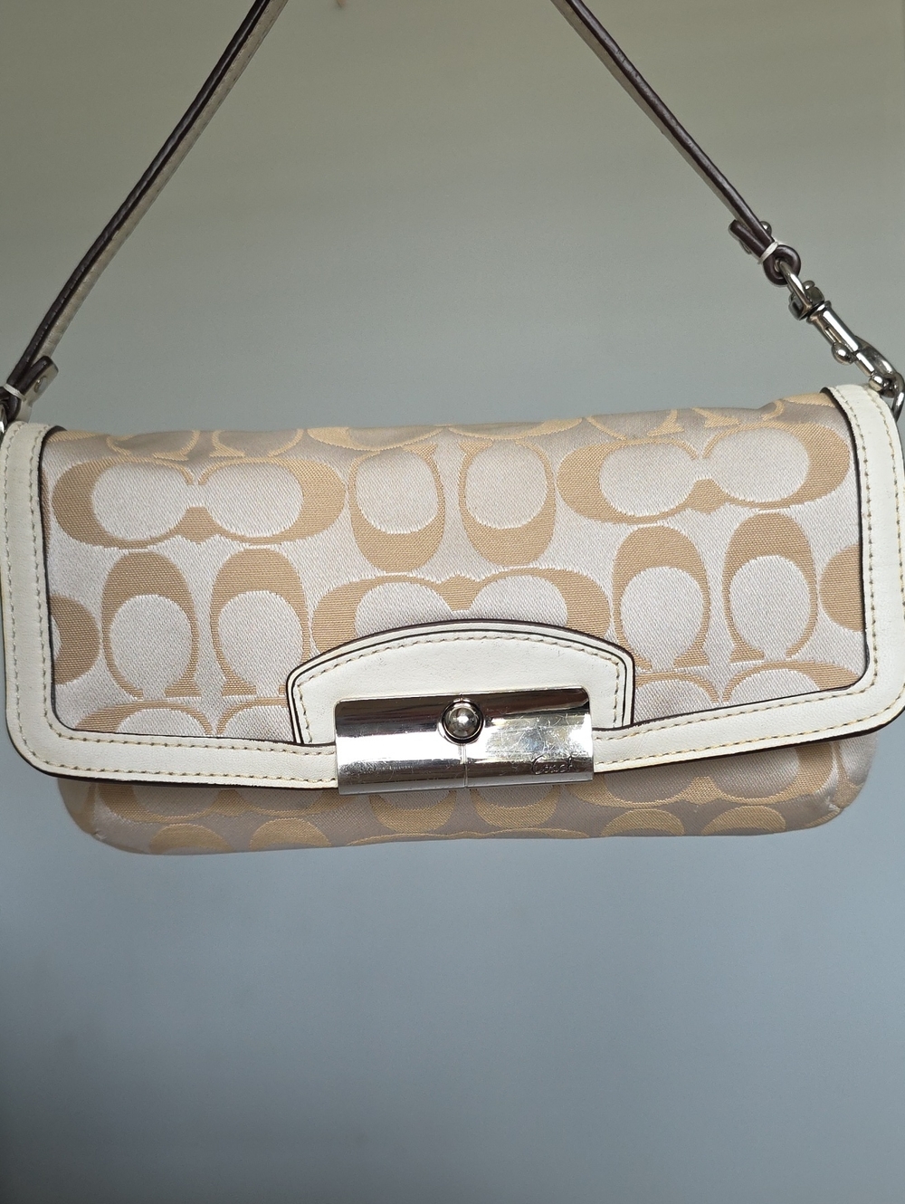 Vintage Y2K Coach Signature Canvas Shoulder Bag in Beige with White Trim